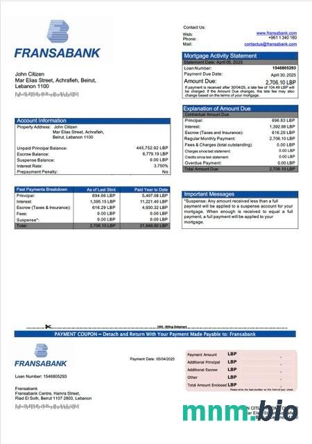 Liban Bank Fransabank wyciąg z kredytu hipotecznego szablon Word i PDF